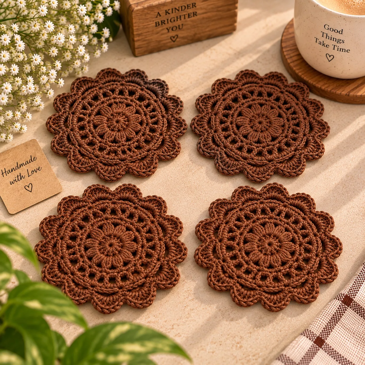 Set of handmade crochet coaster plates