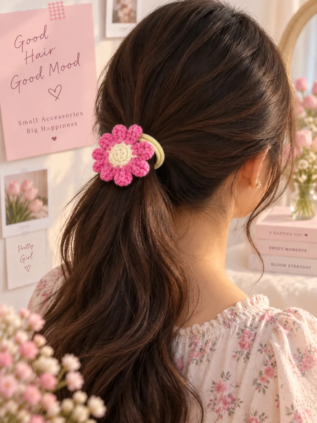 Pink crochet daisy hair tie worn in a ponytail