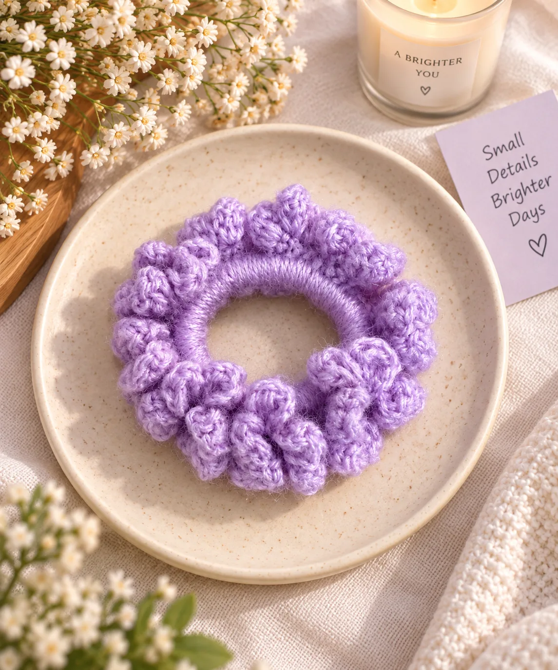 Purple crochet gajra scrunchie on a ceramic plate