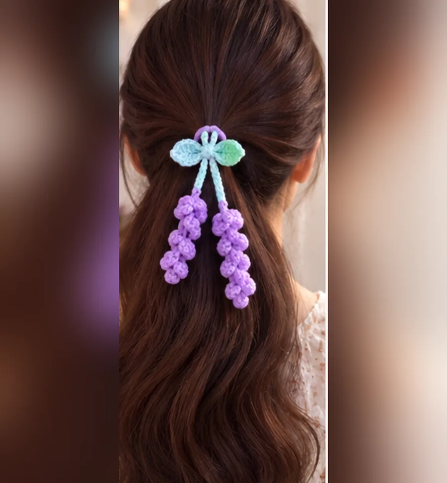 Purple crochet lavender hair tie worn in a ponytail
