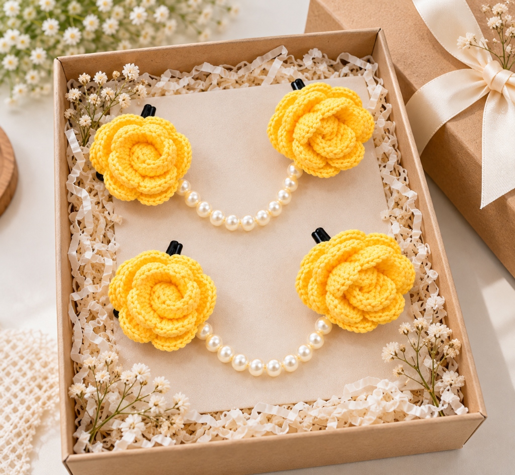 Best friends rose hair accessory gift hamper with 2 yellow crochet rose pearl hair chains in a keepsake box