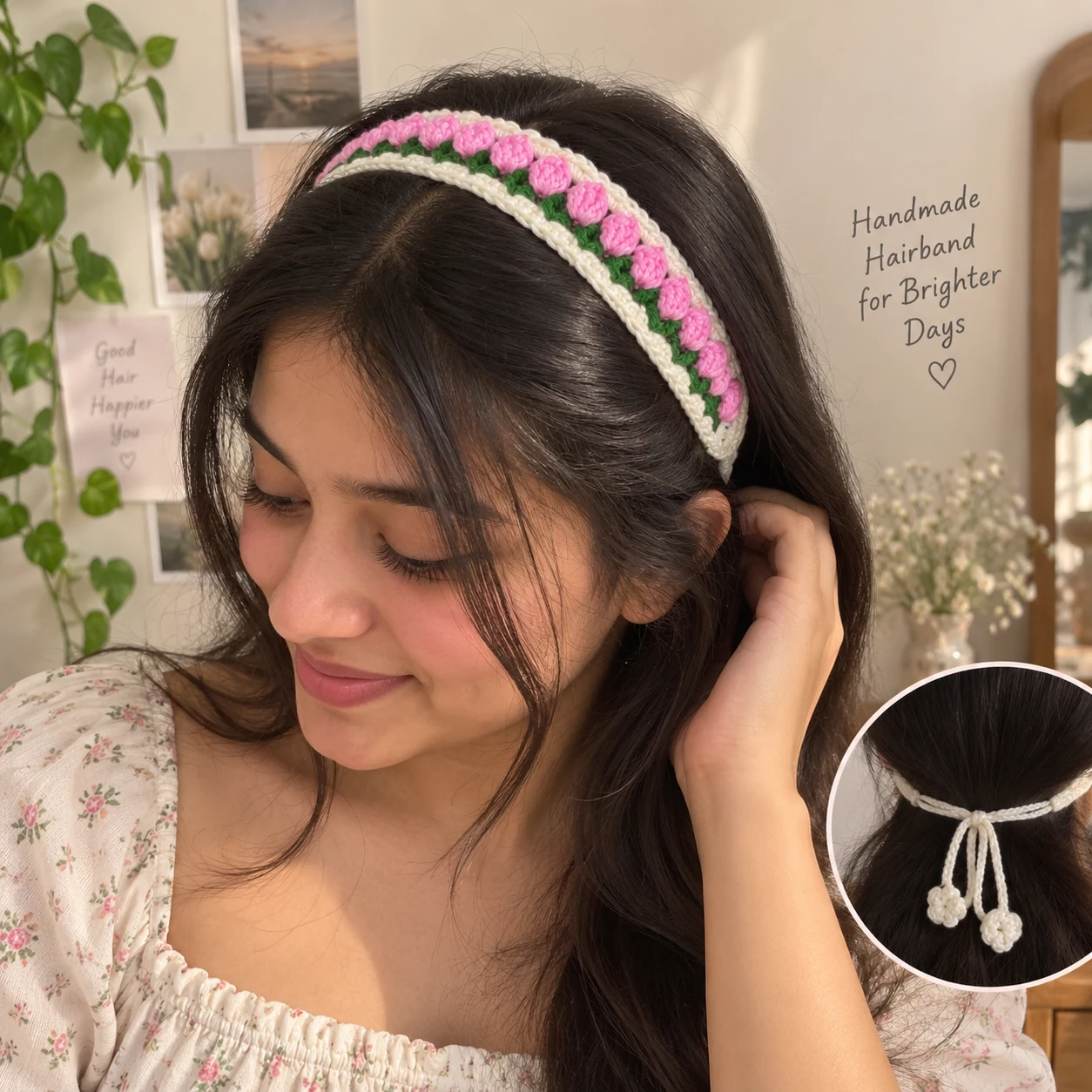 Crochet tulip hairband in soft daylight