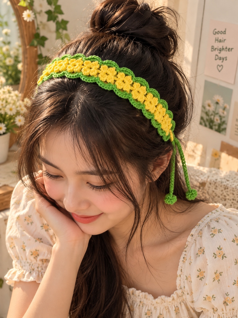 Yellow blossom crochet hairband with green scalloped border worn on the head
